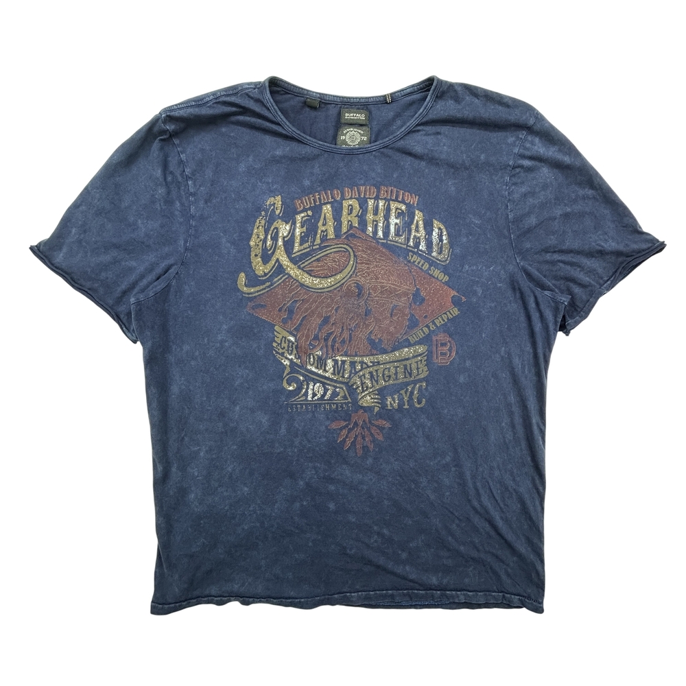 Buffalo David Bitton Shirt Mens 2XL Gearhead Graphic Blue Distressed Biker NYC